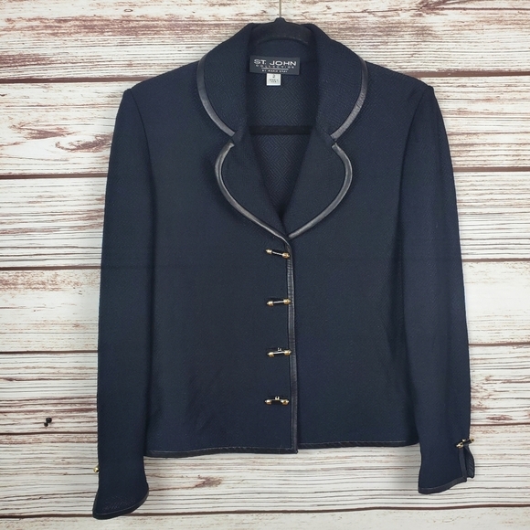 St. John Jackets & Blazers - St. John Collection Womens Size 2 Vintage Black Santana Knit Leather Trim Jacket